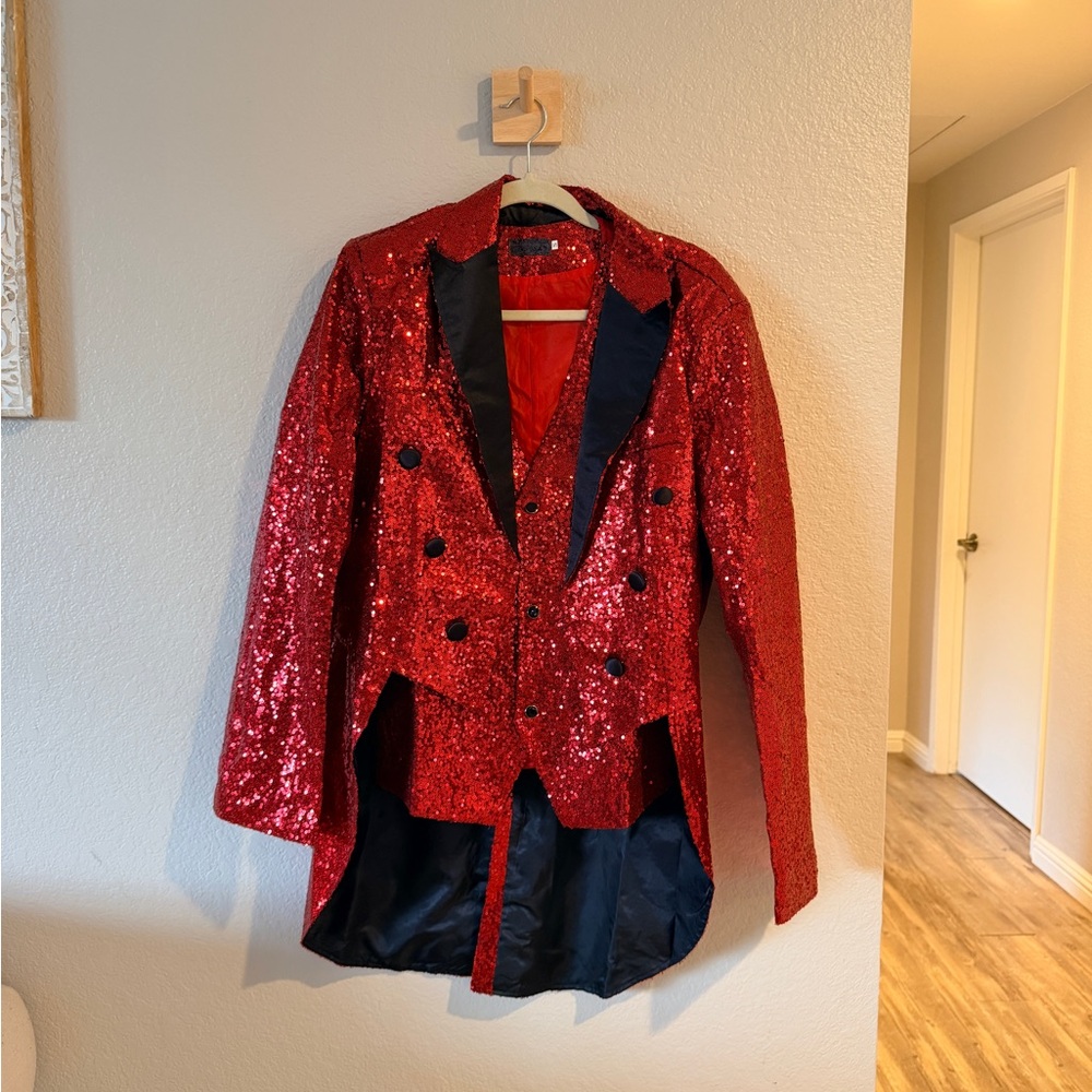 Red Sequin Tailcoat Jacket Tuxedo Vest